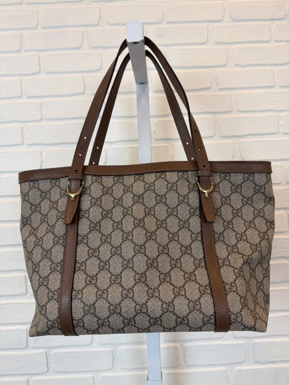 Gucci GG Supreme Nice Tote Beige Brown Leather Trim Medium